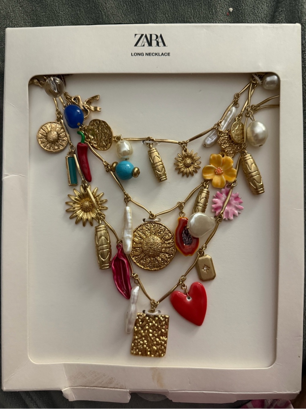 Zara Gold Multi-Charm Layered Necklace with Red, Blue and Pink Accents - Picture 6 of 7
